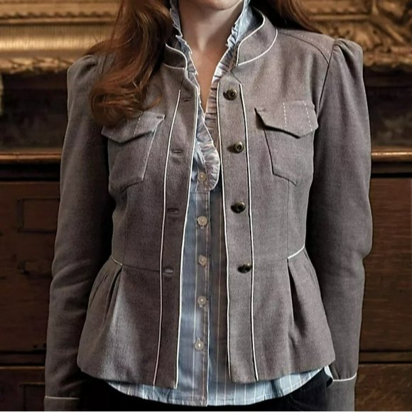 Anthropologie Taikonhu High Line Jacket Peplum Crop Blazer 4 Grey Button Front - Picture 14 of 14